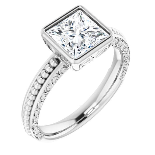 10K White Gold Customizable Bezel-set Princess/Square Cut Solitaire with Beaded and Carved Three-sided Band