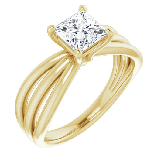 10K Yellow Gold Customizable Princess/Square Cut Solitaire Design with Wide, Ribboned Split-band