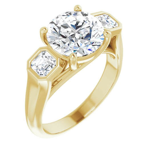 10K Yellow Gold Customizable 3-stone Cathedral Round Cut Design with Twin Asscher Cut Side Stones