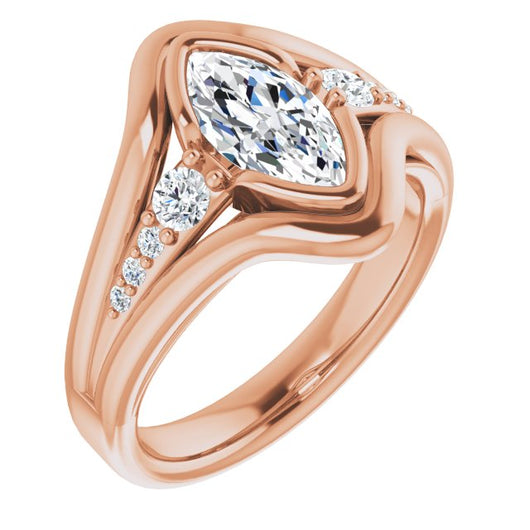 10K Rose Gold Customizable 9-stone Marquise Cut Design with Bezel Center, Wide Band and Round Prong Side Stones