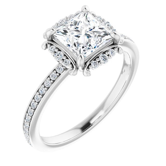 10K White Gold Customizable Princess/Square Cut Style with Halo and Thin Shared Prong Band