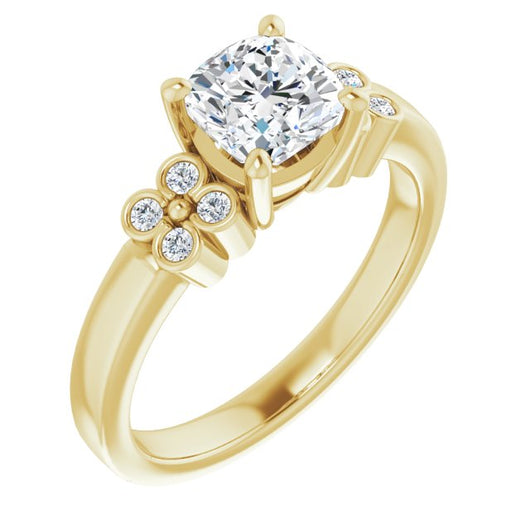 10K Yellow Gold Customizable 9-stone Design with Cushion Cut Center and Complementary Quad Bezel-Accent Sets