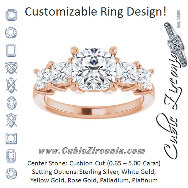 Cubic Zirconia Engagement Ring- The Abril (Customizable 5-stone Cushion Cut Style with Quad Princess-Cut Accents)