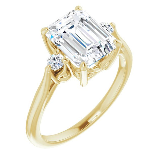 10K Yellow Gold Customizable Three-stone Emerald/Radiant Cut Design with Small Round Accents and Vintage Trellis/Basket