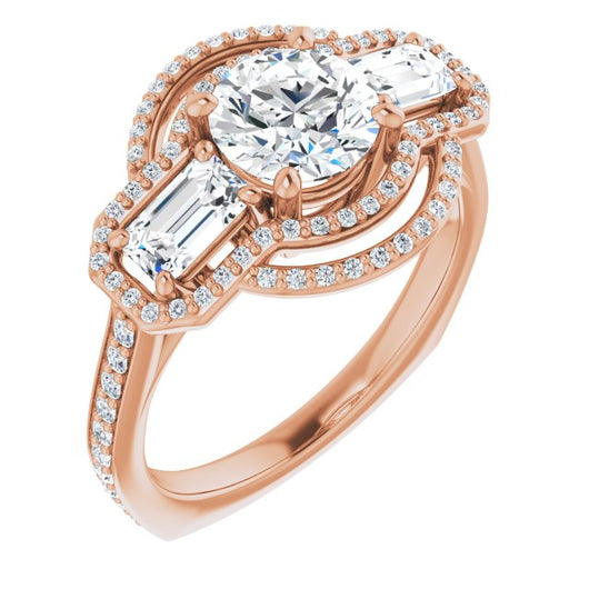 10K Rose Gold Customizable Enhanced 3-stone Style with Round Cut Center, Emerald Cut Accents, Double Halo and Thin Shared Prong Band