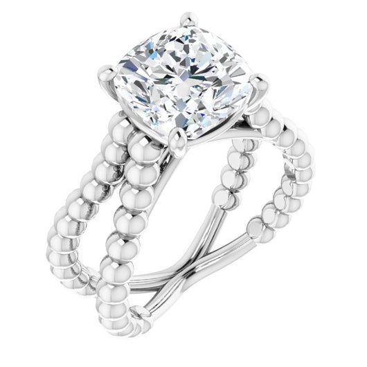 10K White Gold Customizable Cushion Cut Solitaire with Wide Beaded Split-Band