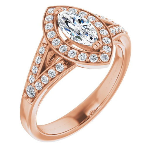 10K Rose Gold Customizable Cathedral-set Marquise Cut Style with Accented Split Band and Halo