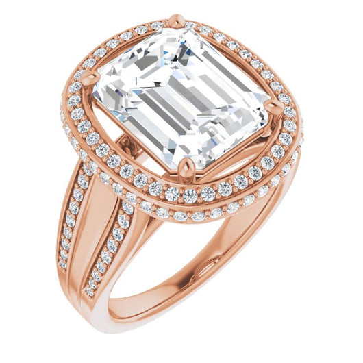 10K Rose Gold Customizable Halo-style Emerald/Radiant Cut with Under-halo & Ultra-wide Band