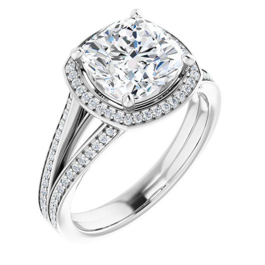 10K White Gold Customizable Cushion Cut Design with Split-Band Shared Prong & Halo