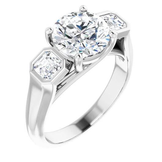 10K White Gold Customizable 3-stone Cathedral Round Cut Design with Twin Asscher Cut Side Stones