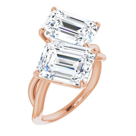 10K Rose Gold Customizable 2-stone Emerald/Radiant Cut Artisan Style with Wide, Infinity-inspired Split Band