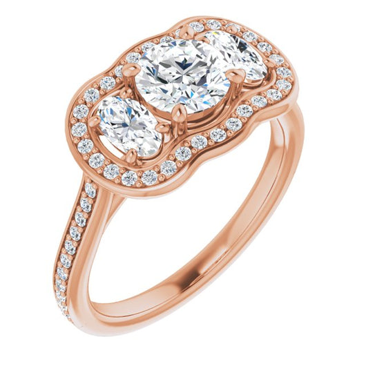 10K Rose Gold Customizable Round Cut Style with Oval Cut Accents, 3-stone Halo & Thin Shared Prong Band