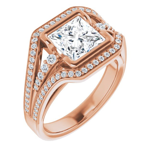 10K Rose Gold Customizable Cathedral-Bezel Princess/Square Cut Design with Wide Triple-Split-Pavé Band