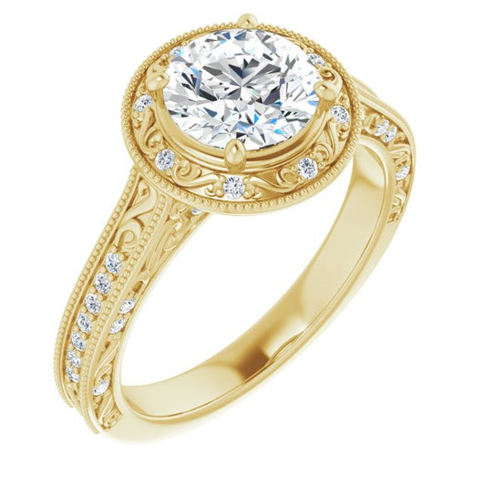 10K Yellow Gold Customizable Vintage Artisan Round Cut Design with 3-Sided Filigree and Side Inlay Accent Enhancements