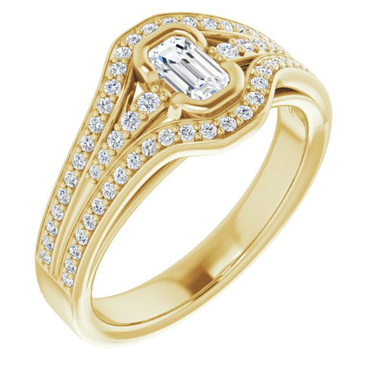 10K Yellow Gold Customizable Cathedral-Bezel Emerald/Radiant Cut Design with Wide Triple-Split-Pavé Band