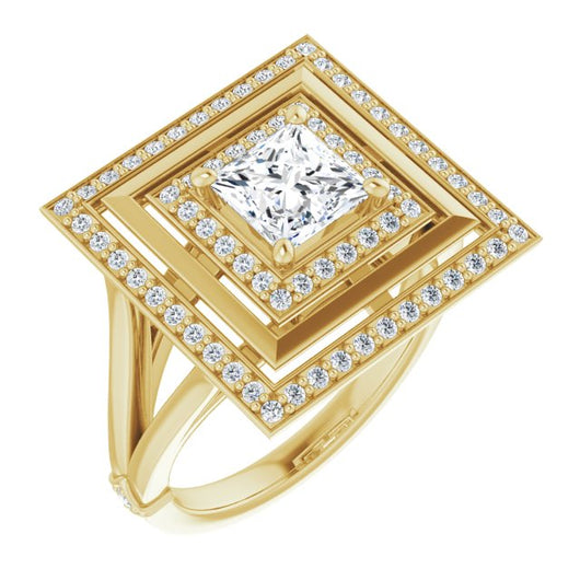 10K Yellow Gold Customizable Princess/Square Cut Oversized 2x Halo Style with Knuckle Accented Split Band