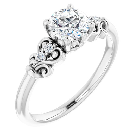 10K White Gold Customizable Vintage 5-stone Design with Round Cut Center and Artistic Band Décor