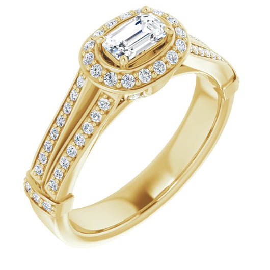 10K Yellow Gold Customizable Emerald/Radiant Cut Setting with Halo, Under-Halo Trellis Accents and Accented Split Band