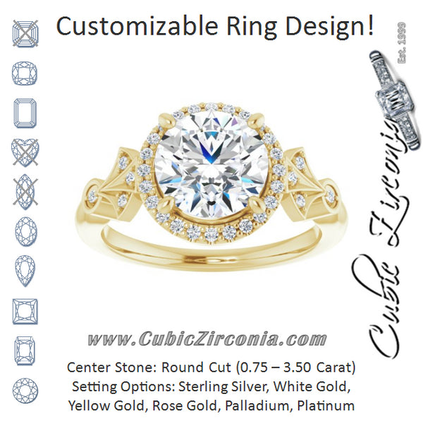 Cubic Zirconia Engagement Ring- The Zhee (Customizable Cathedral-Crown Round Cut Design with Halo and Scalloped Side Stones)