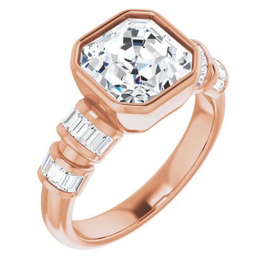 10K Rose Gold Customizable Bezel-set Asscher Cut Design with Quad Horizontal Band Sleeves of Baguette Accents