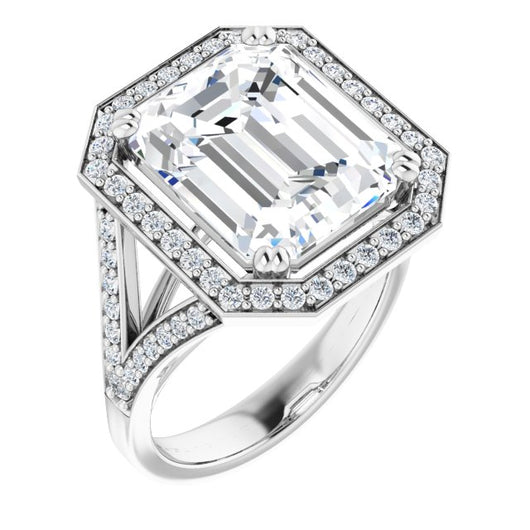 10K White Gold Customizable Cathedral-set Emerald/Radiant Cut Style with Accented Split Band and Halo