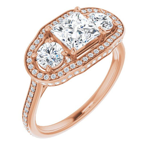 10K Rose Gold Customizable 3-stone Princess/Square Cut Design with Multi-Halo Enhancement and 150+-stone Pavé Band