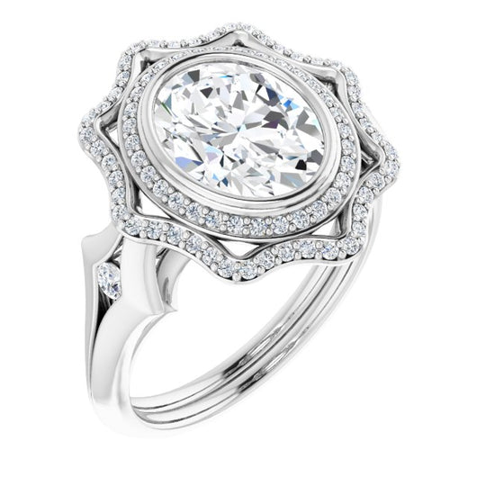 10K White Gold Customizable Cathedral-bezel Oval Cut Design with Floral Double Halo and Channel-Accented Split Band