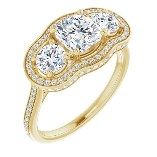 10K Yellow Gold Customizable 3-stone Cushion Cut Design with Multi-Halo Enhancement and 150+-stone Pavé Band