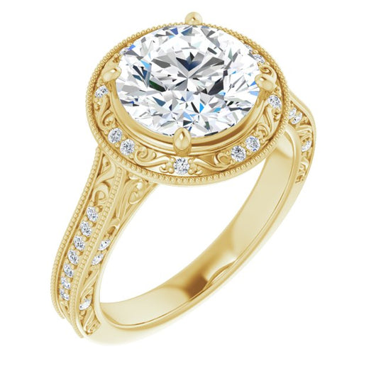 10K Yellow Gold Customizable Vintage Artisan Round Cut Design with 3-Sided Filigree and Side Inlay Accent Enhancements