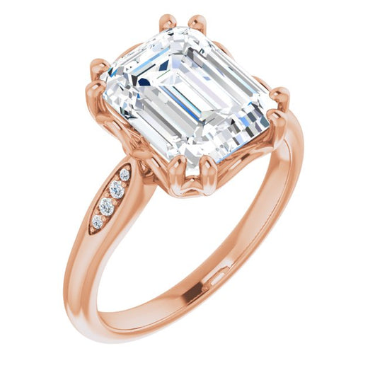 10K Rose Gold Customizable 9-stone Emerald/Radiant Cut Design with 8-prong Decorative Basket & Round Cut Side Stones