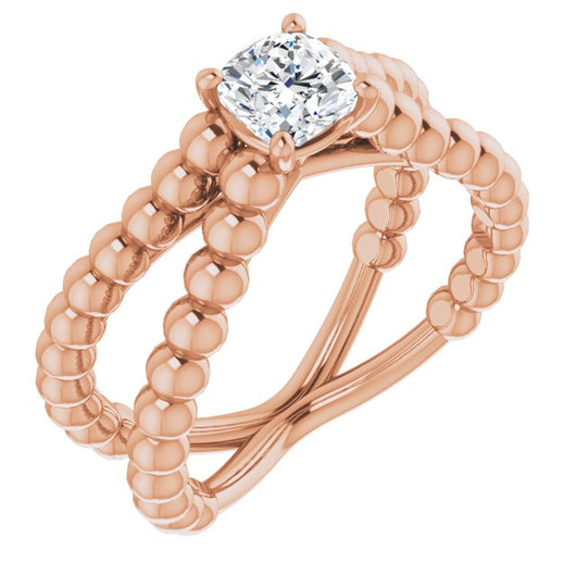 10K Rose Gold Customizable Cushion Cut Solitaire with Wide Beaded Split-Band