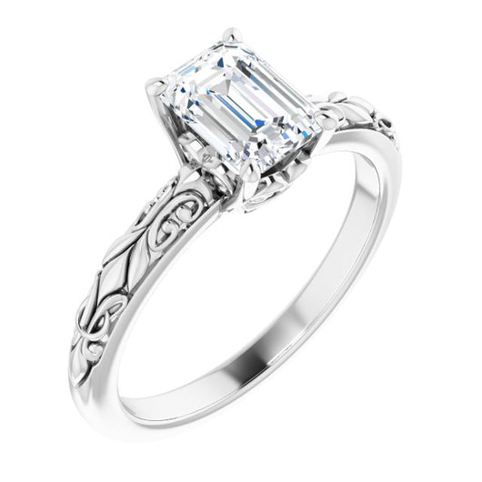 10K White Gold Customizable Emerald/Radiant Cut Solitaire featuring Delicate Metal Scrollwork