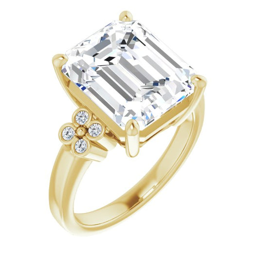 10K Yellow Gold Customizable 9-stone Design with Emerald/Radiant Cut Center and Complementary Quad Bezel-Accent Sets