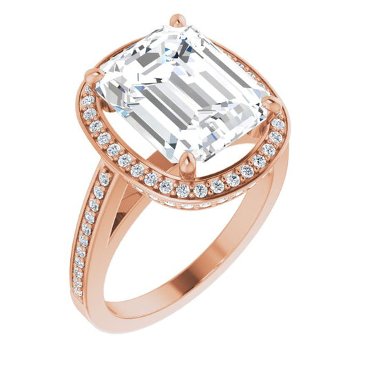 10K Rose Gold Customizable Cathedral-set Emerald/Radiant Cut Design with Halo, Thin Pavé Band & Round-Bezel Peekaboos