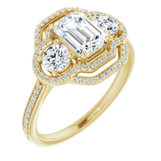 10K Yellow Gold Customizable Enhanced 3-stone Double-Halo Style with Emerald/Radiant Cut Center and Thin Band