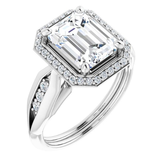 10K White Gold Customizable Cathedral-raised Emerald/Radiant Cut Design with Halo and Tri-Cluster Band Accents