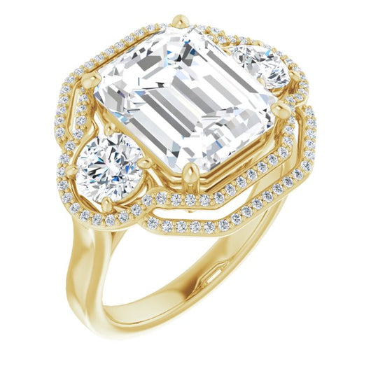 10K Yellow Gold Customizable Cathedral-set Enhanced 3-stone Emerald/Radiant Cut Design with Multidirectional Halo