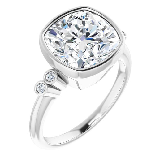 10K White Gold Customizable 5-stone Bezel-set Cushion Cut Design with Quad Round-Bezel Side Stones