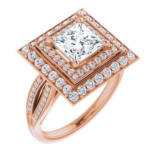 10K Rose Gold Customizable Cathedral-style Princess/Square Cut Design with Double Halo & Split-Pavé Band