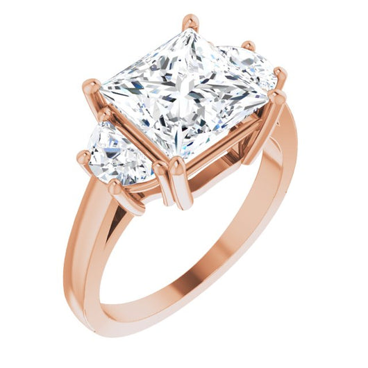 10K Rose Gold Customizable 3-stone Design with Princess/Square Cut Center and Half-moon Side Stones