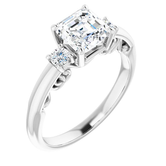 10K White Gold Customizable Asscher Cut 3-stone Style featuring Heart-Motif Band Enhancement