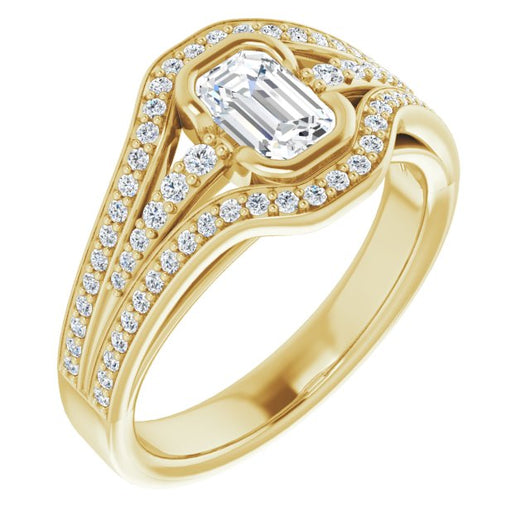 10K Yellow Gold Customizable Cathedral-Bezel Emerald/Radiant Cut Design with Wide Triple-Split-Pavé Band