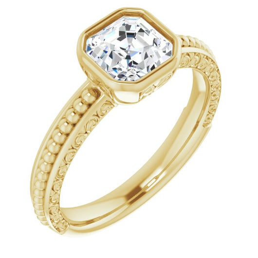 10K Yellow Gold Customizable Bezel-set Asscher Cut Solitaire with Beaded and Carved Three-sided Band