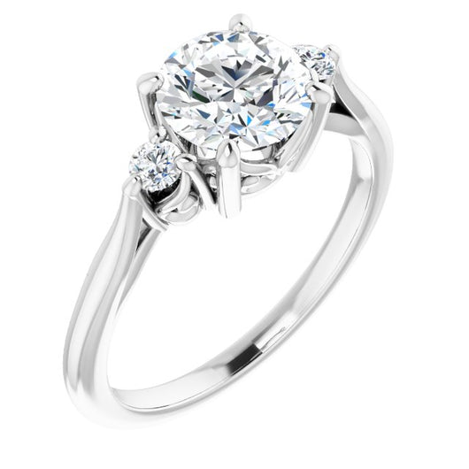 10K White Gold Customizable Three-stone Round Cut Design with Small Round Accents and Vintage Trellis/Basket