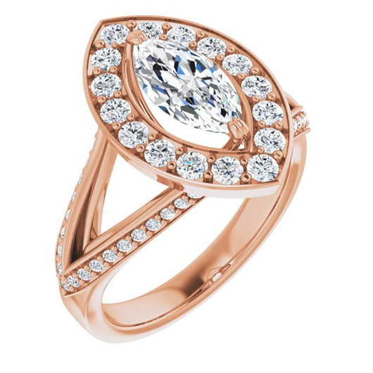 10K Rose Gold Customizable Marquise Cut Center with Large-Accented Halo and Split Shared Prong Band