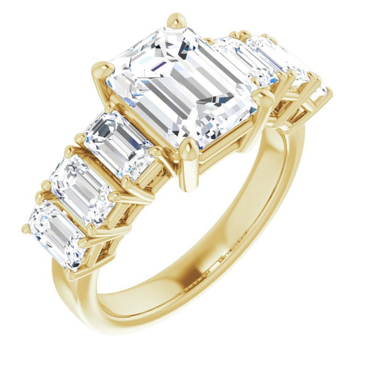 10K Yellow Gold Customizable 7-stone Emerald/Radiant Cut Design with Large Round-Prong Side Stones