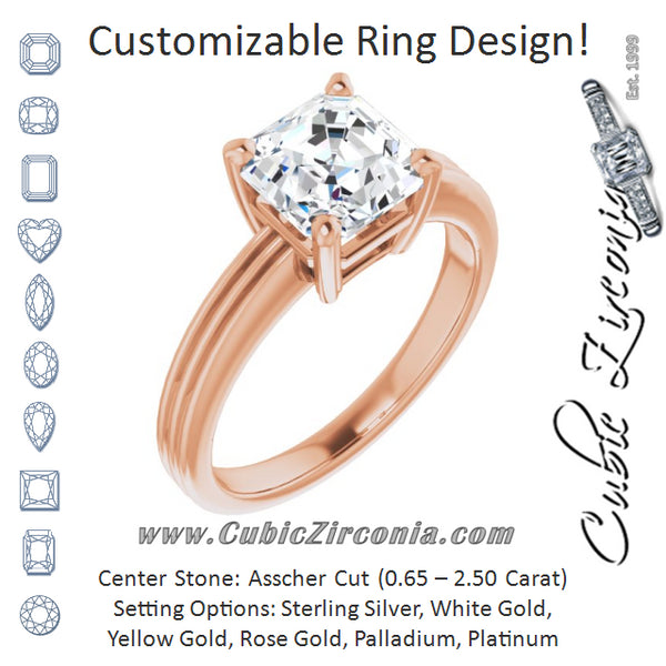 Cubic Zirconia Engagement Ring- The Davina (Customizable Asscher Cut Solitaire with Double-Grooved Band)