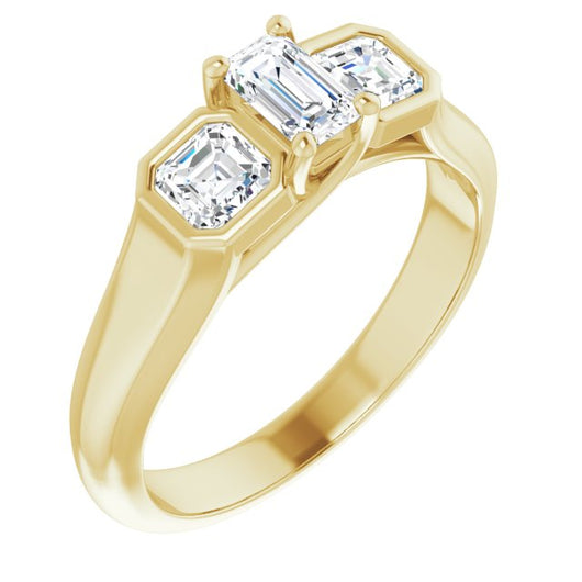 10K Yellow Gold Customizable 3-stone Cathedral Emerald/Radiant Cut Design with Twin Asscher Cut Side Stones