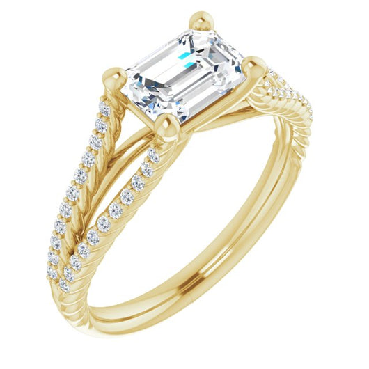 10K Yellow Gold Customizable Emerald/Radiant Cut Style with Split Band and Rope-Pavé