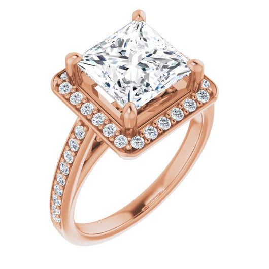 10K Rose Gold Customizable Princess/Square Cut Style with Halo and Sculptural Trellis